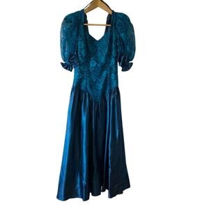 Vintage Alfred Angelo 1980's Puff -Sleeve Blue Lace Midi Prom Dress 9/10 Formal